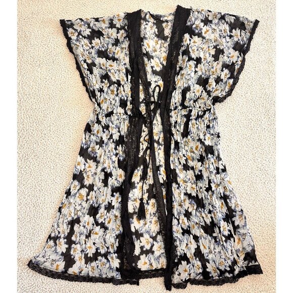 Zara Woman Kimono  Blue Midi Chiffon Lace Trim Tie Floral Tasseled - Picture 1 of 16